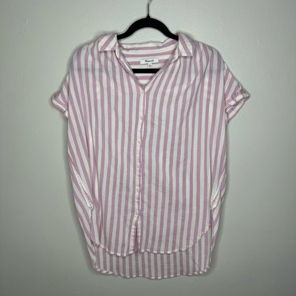 Madewell Central Tunic Shirt in Lavender Stripe Short Sleeve Button Up - Picture 3 of 10